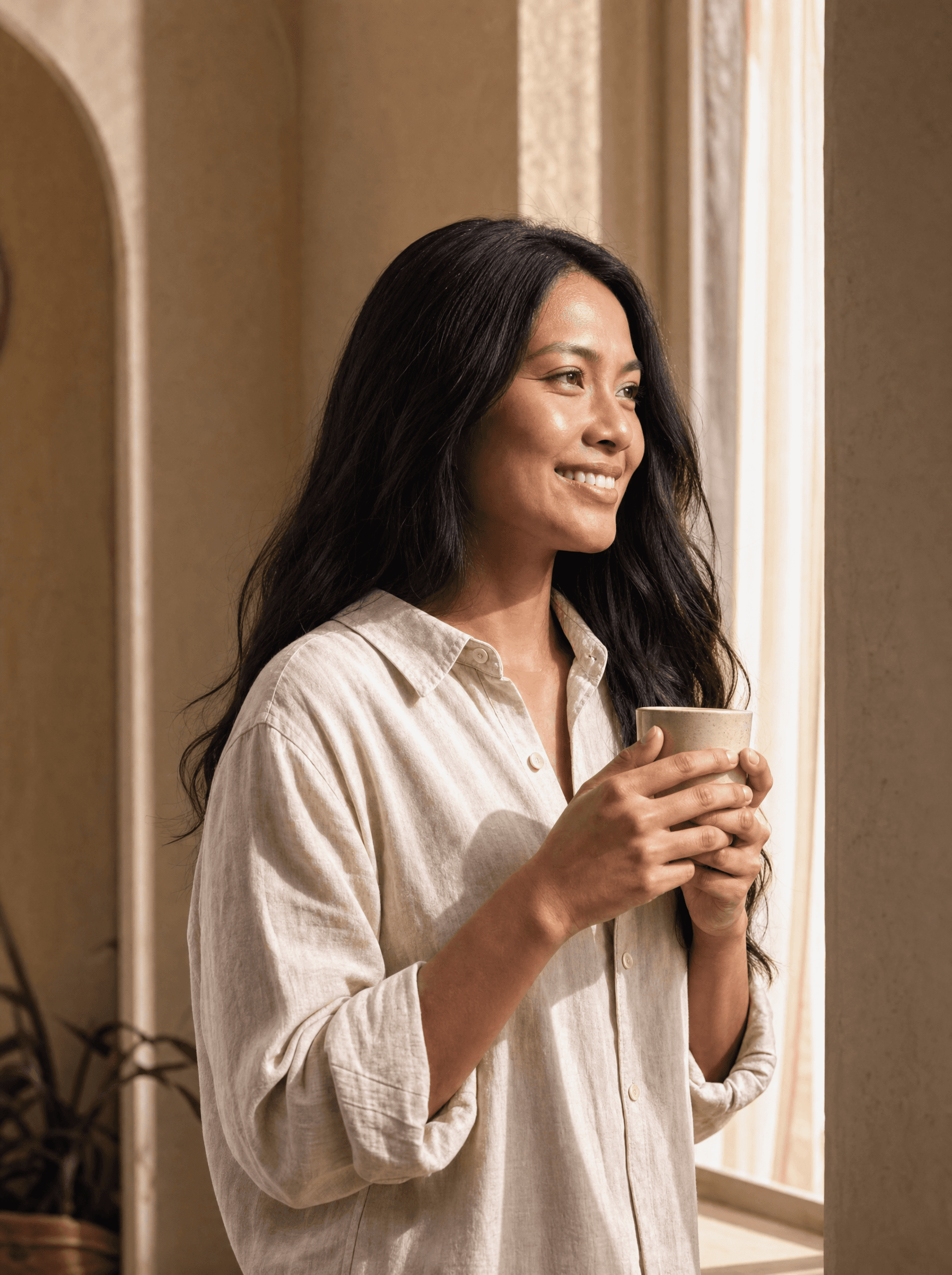 Woman by a tall window holding a ceramic cup in morning light