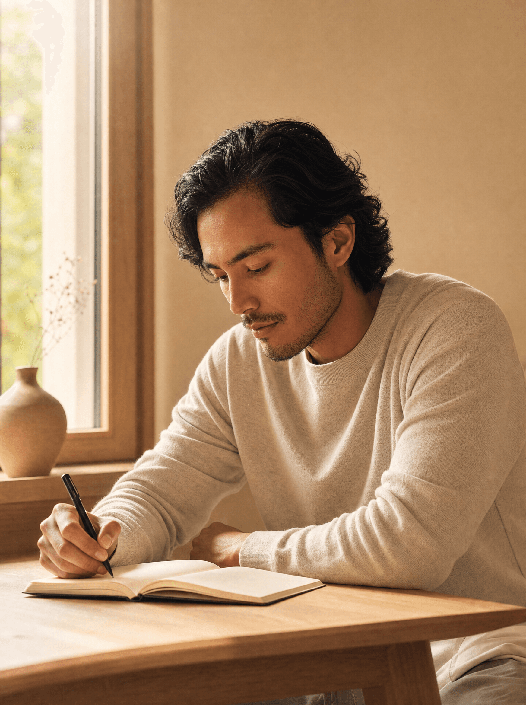 Man writing in a notebook at a desk by a window
