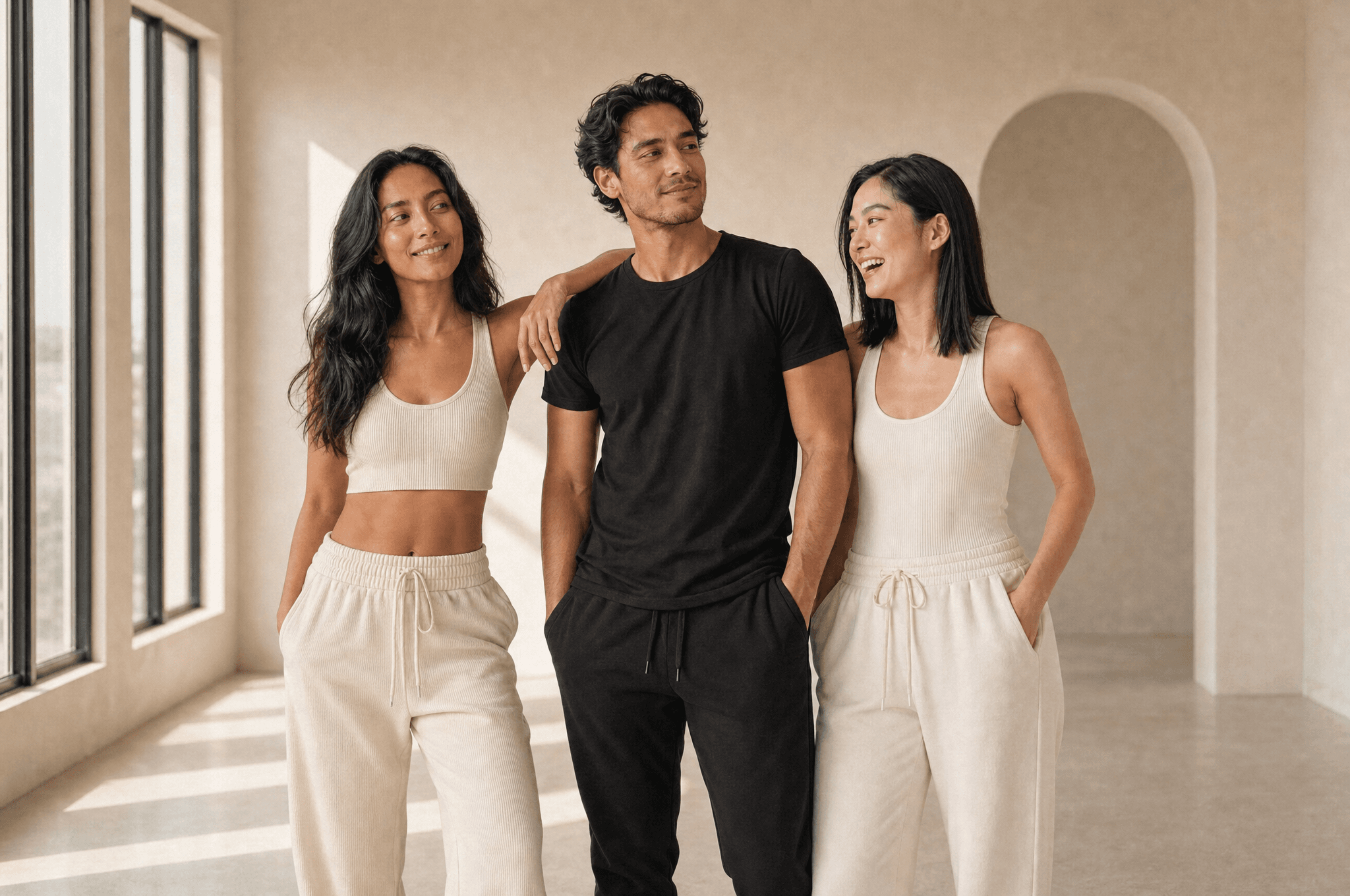 Three people standing together in a bright cream room by tall windows