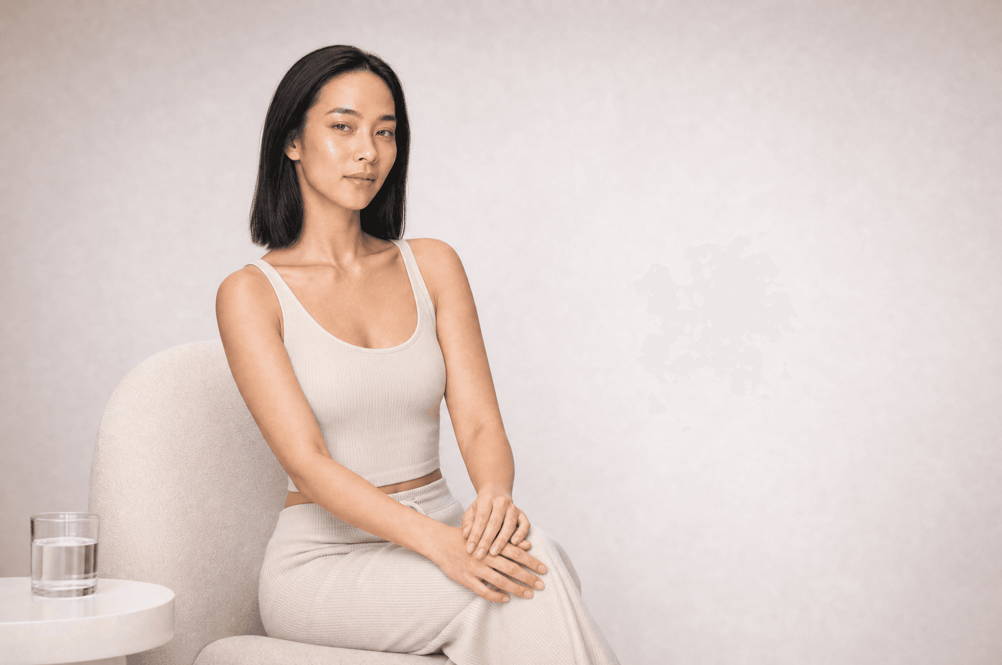 A woman in oat loungewear seated in a white armchair, hands resting on her knee, a glass of water on the side table
