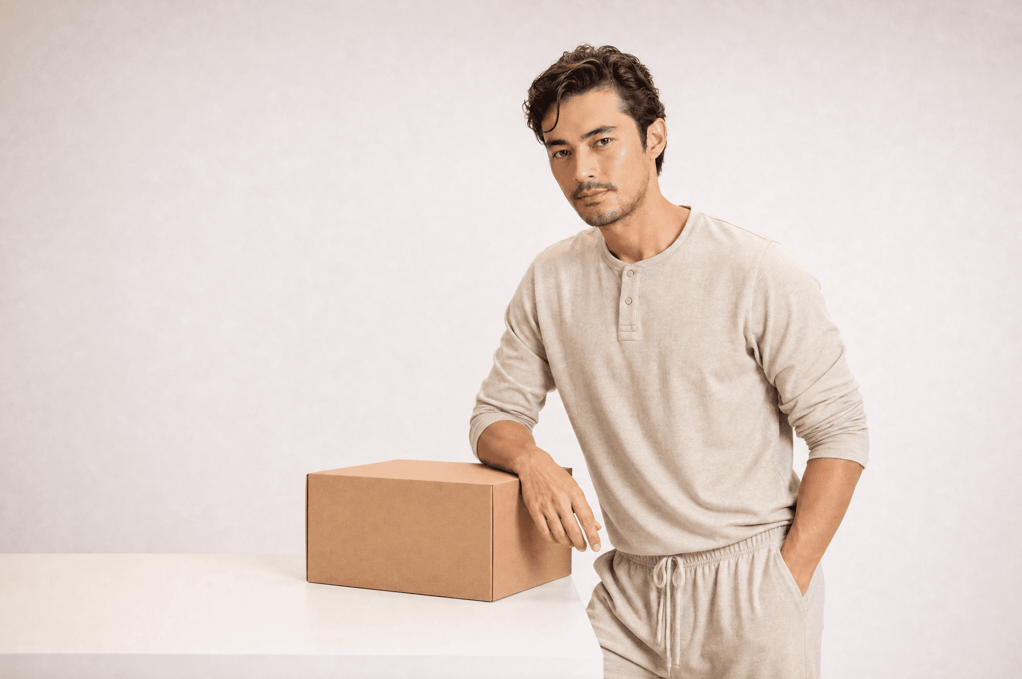 A man in oat loungewear at a white counter with one hand on a plain closed kraft box