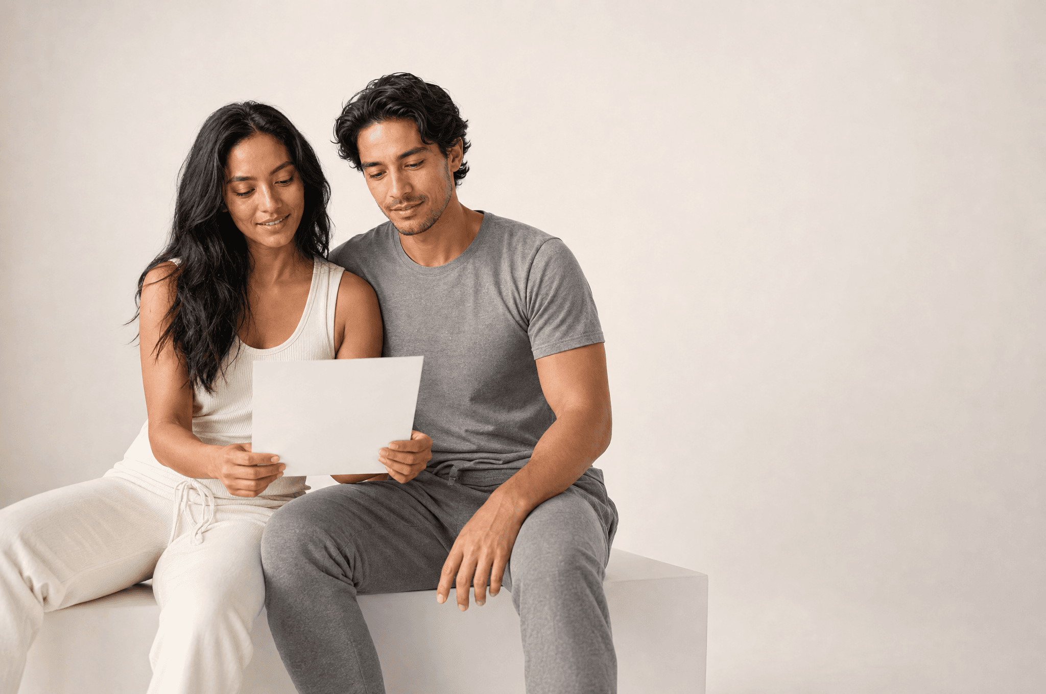 A woman and a man seated on a white plinth reading a single blank sheet of paper together