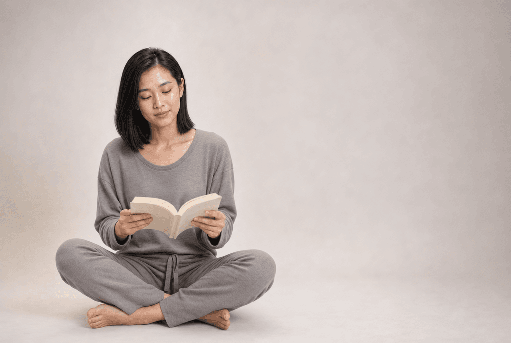 A woman in warm grey loungewear sitting cross-legged on a white floor reading an open book