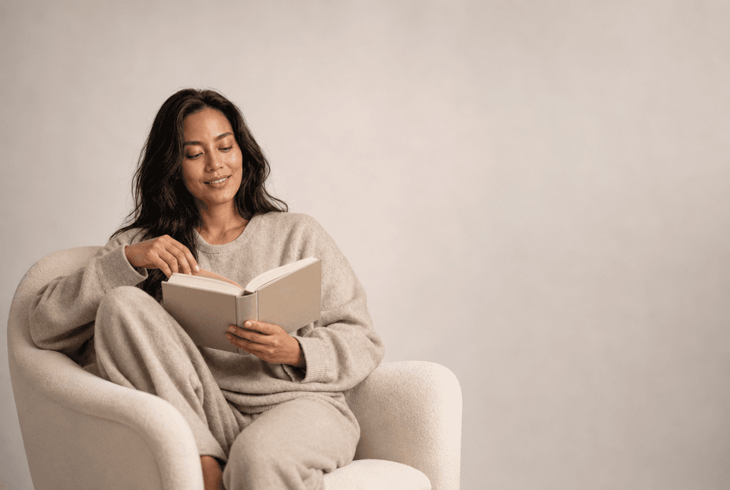 A woman in oat loungewear in a low white armchair reading an open book on her knee