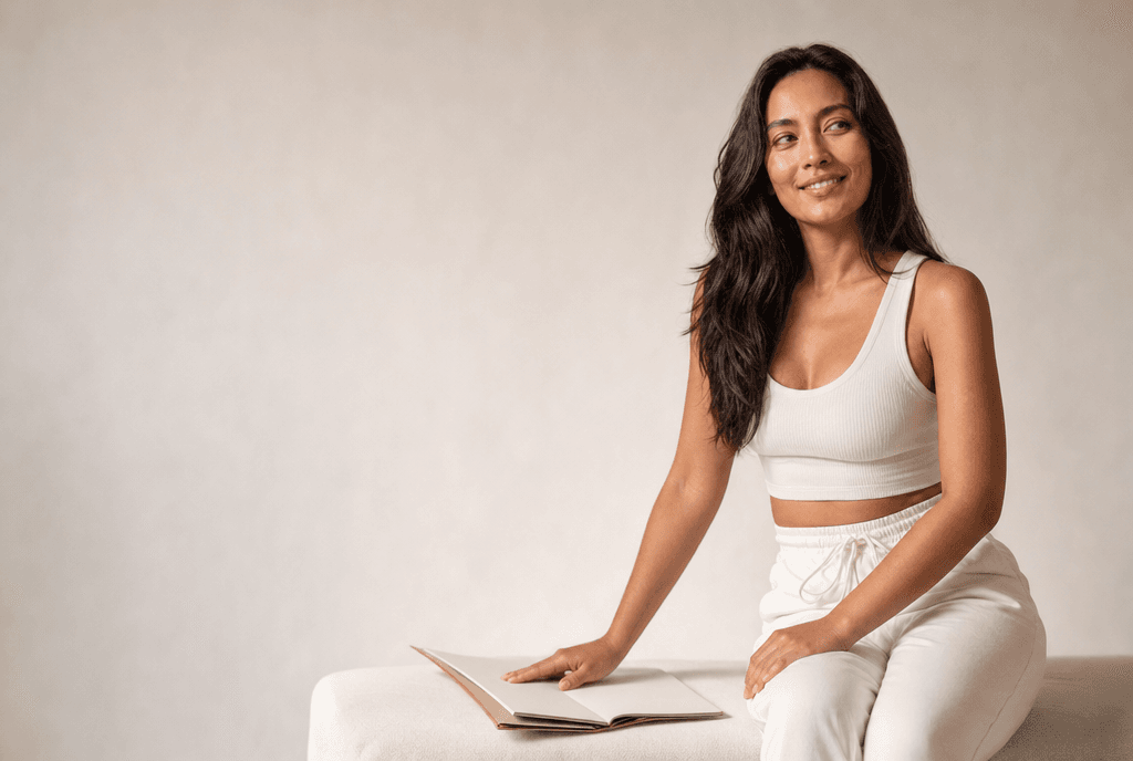 A woman in white athleisure on a low white bench with an open folder beside her, looking off-frame