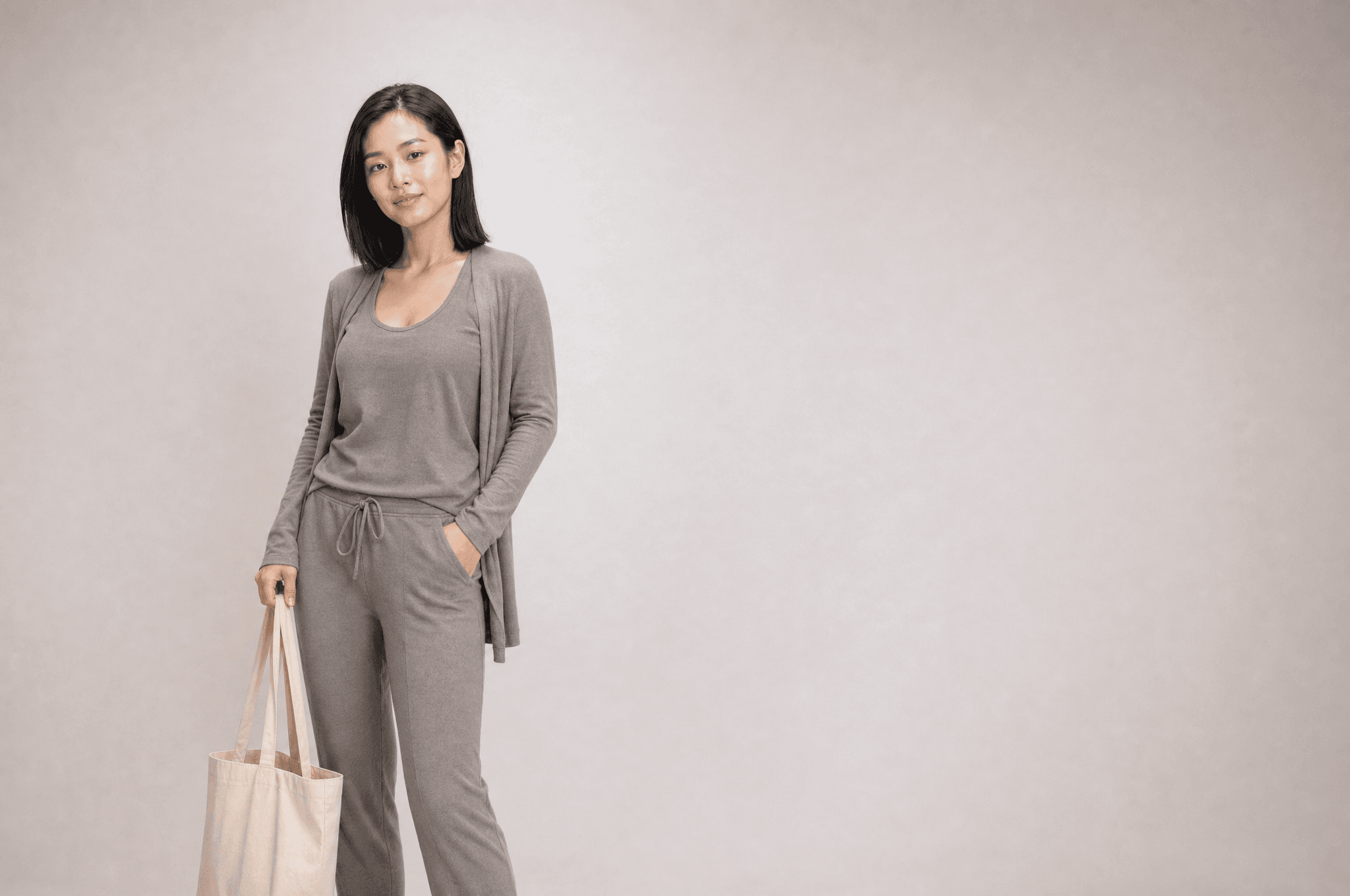 A woman in warm grey loungewear holding a plain canvas tote at her side, looking at camera
