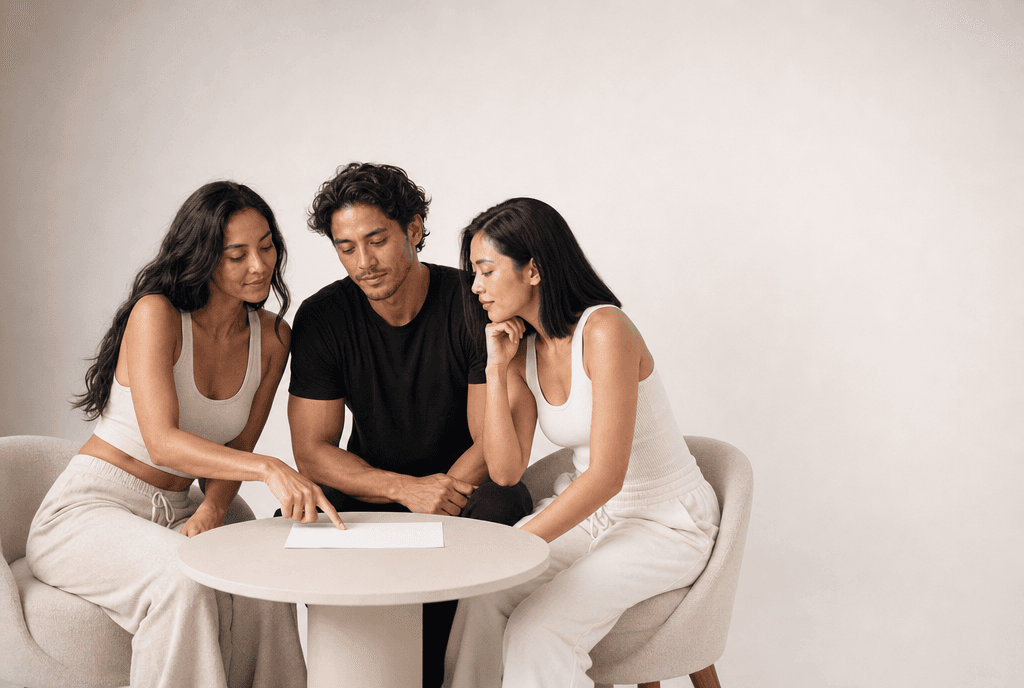 Three people around a small pale table looking down at a single blank sheet between them