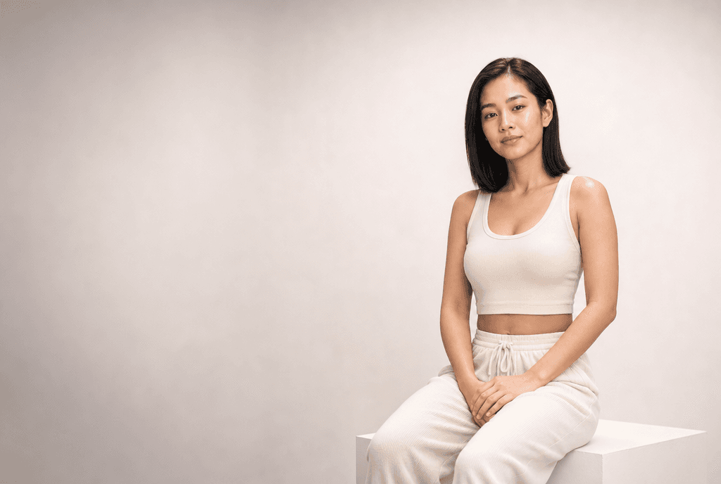 A woman in bone loungewear seated on a white plinth, hands folded in her lap, looking at camera